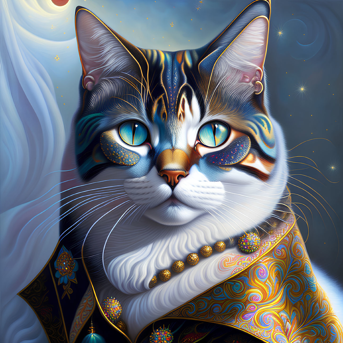 Majestic Cat with Blue Eyes in Regal Cloak on Cosmic Background