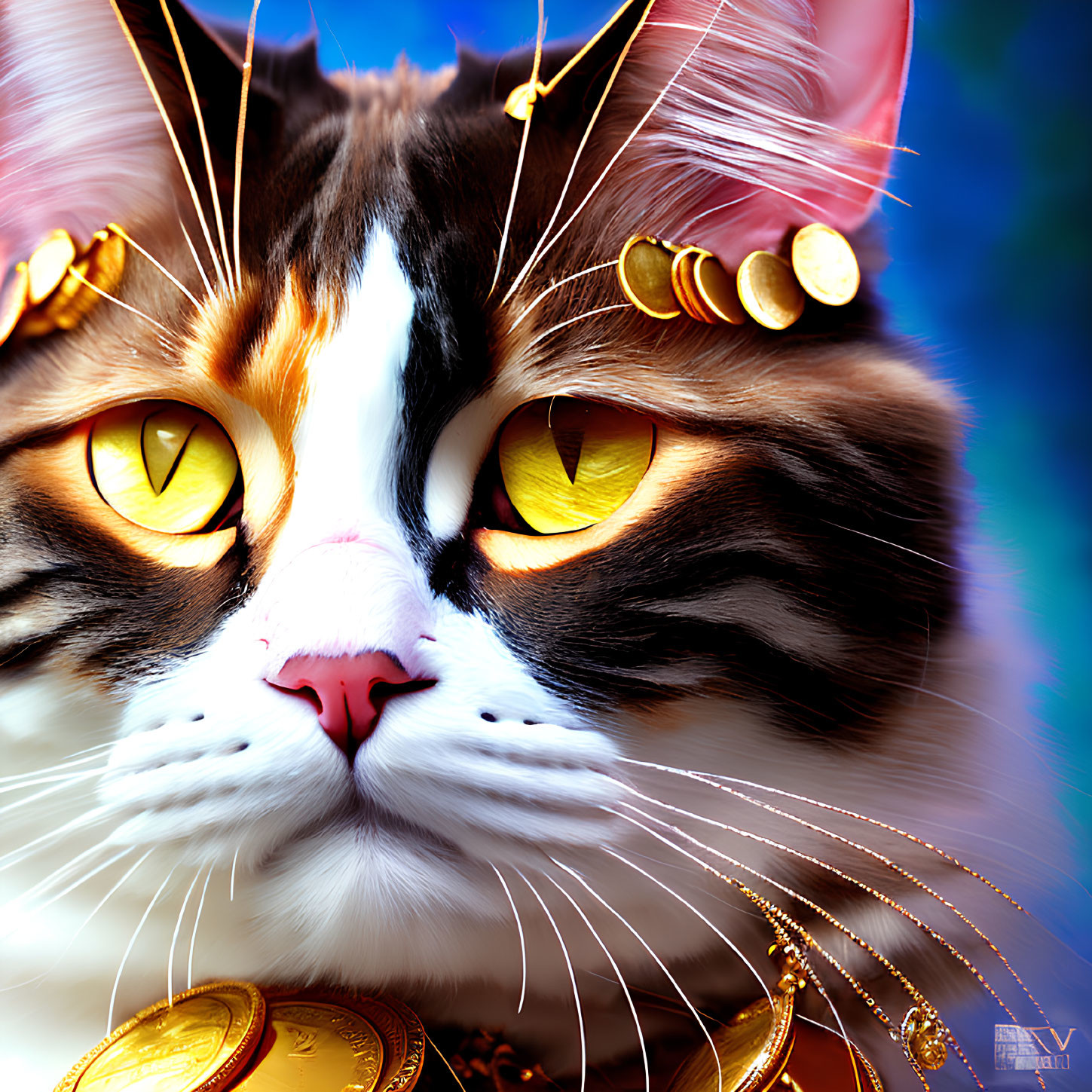 Regal Cat Digital Artwork with Gold Coins and Intense Yellow Eyes