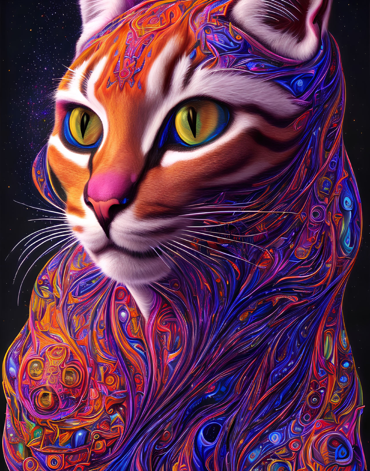 Colorful Psychedelic Cat Illustration with Swirling Patterns and Starry Background