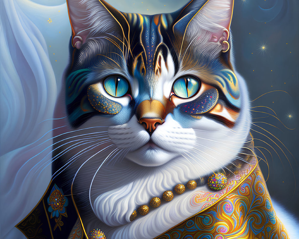 Majestic Cat with Blue Eyes in Regal Cloak on Cosmic Background