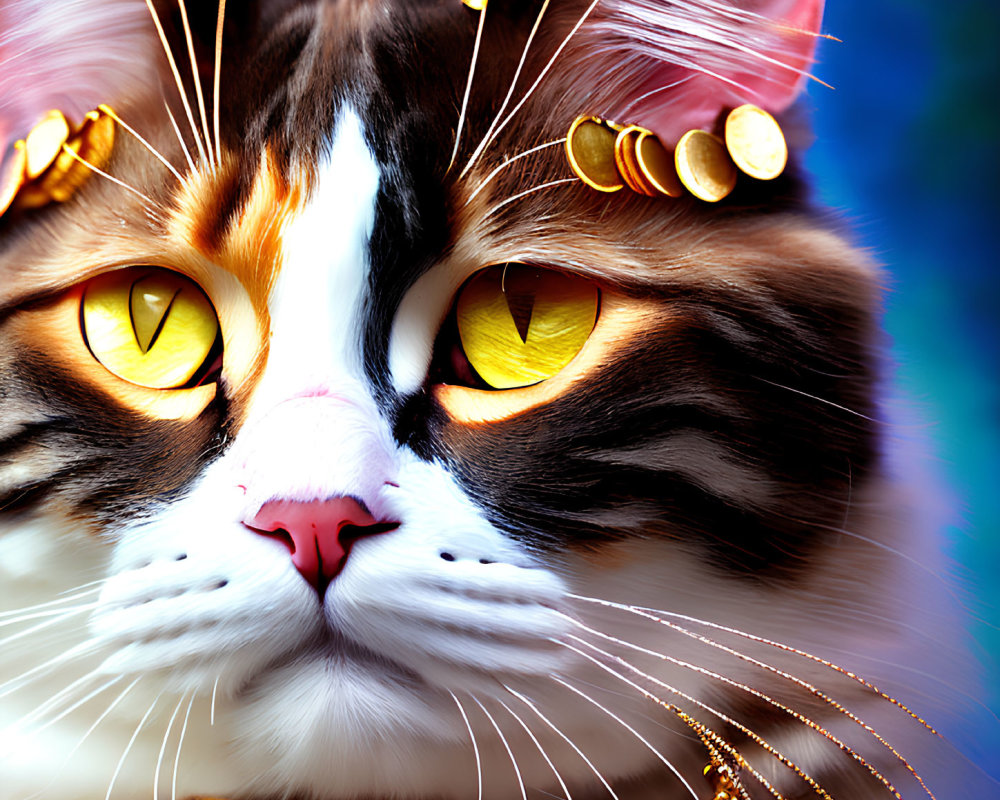 Regal Cat Digital Artwork with Gold Coins and Intense Yellow Eyes