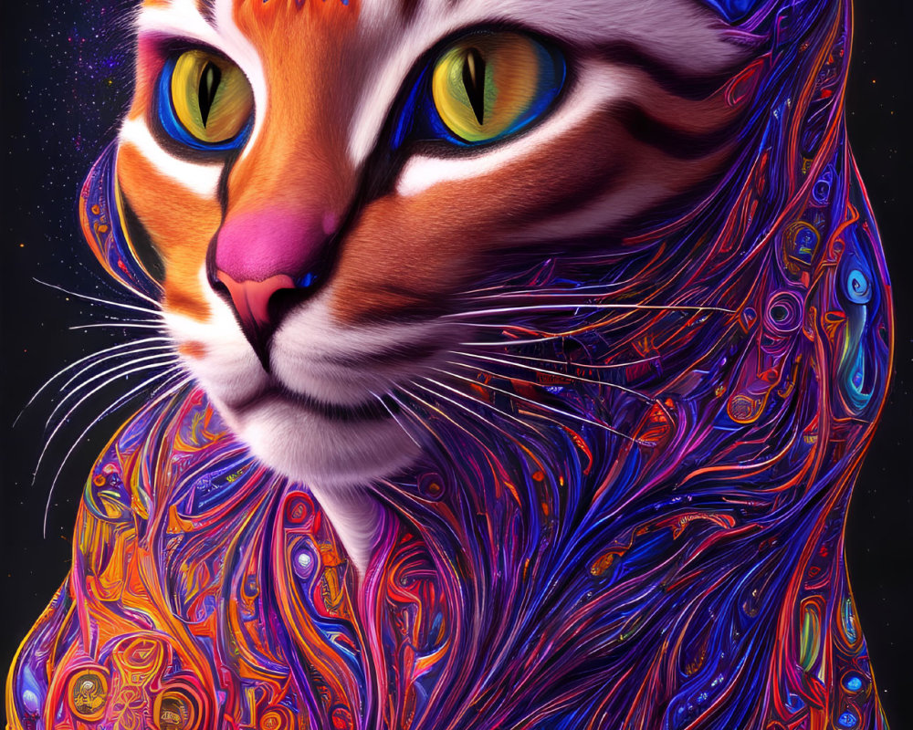 Colorful Psychedelic Cat Illustration with Swirling Patterns and Starry Background