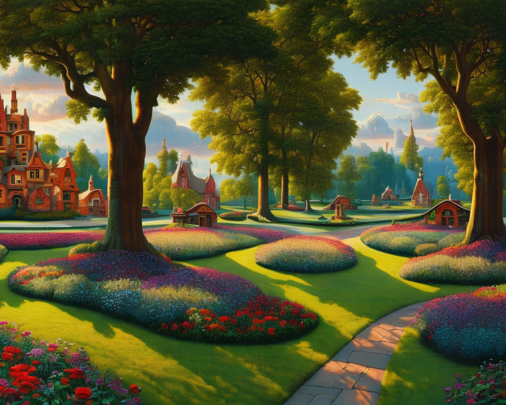 Colorful Landscape with Gardens, Paths, and Cottages in Golden Sunlight