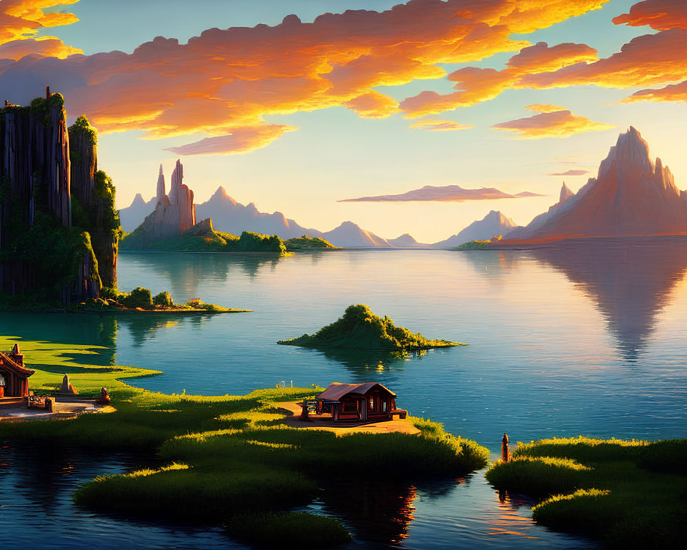 Serene lakeside sunset with vibrant clouds, greenery, mountains, and lone figure