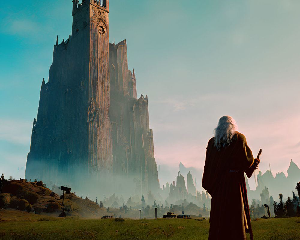 Wizard with staff gazes at fantasy castle in mystical landscape.