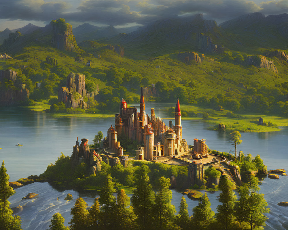 Majestic castle with spires on island in serene lake