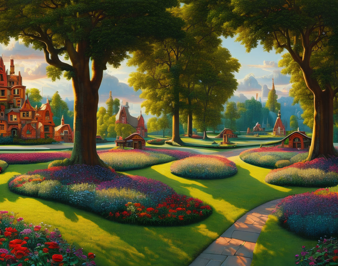 Colorful Landscape with Gardens, Paths, and Cottages in Golden Sunlight