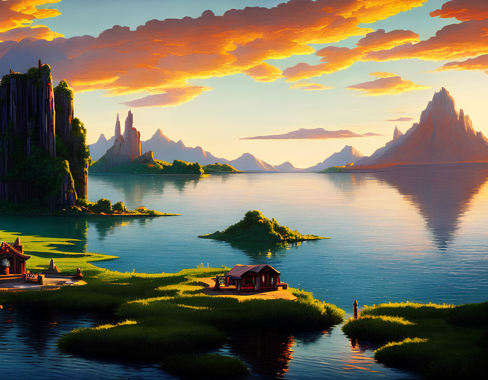 Serene lakeside sunset with vibrant clouds, greenery, mountains, and lone figure