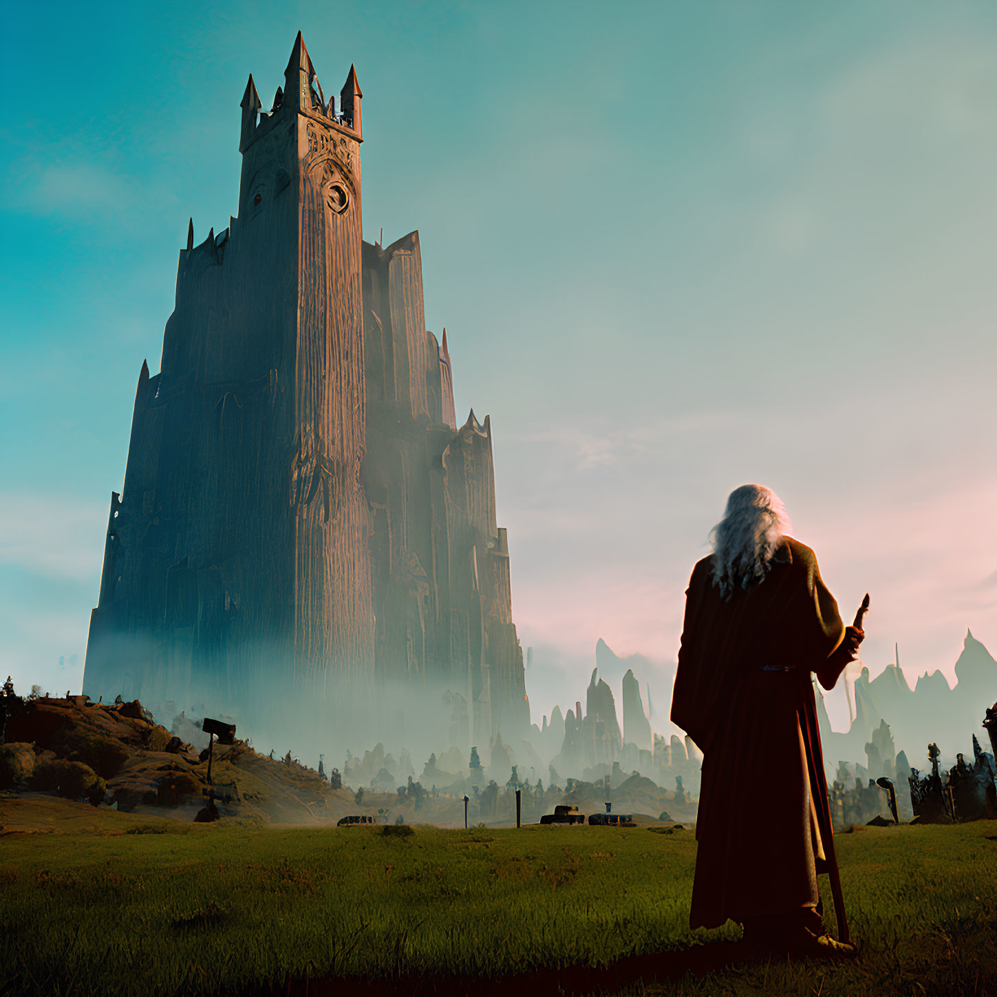 Wizard with staff gazes at fantasy castle in mystical landscape.