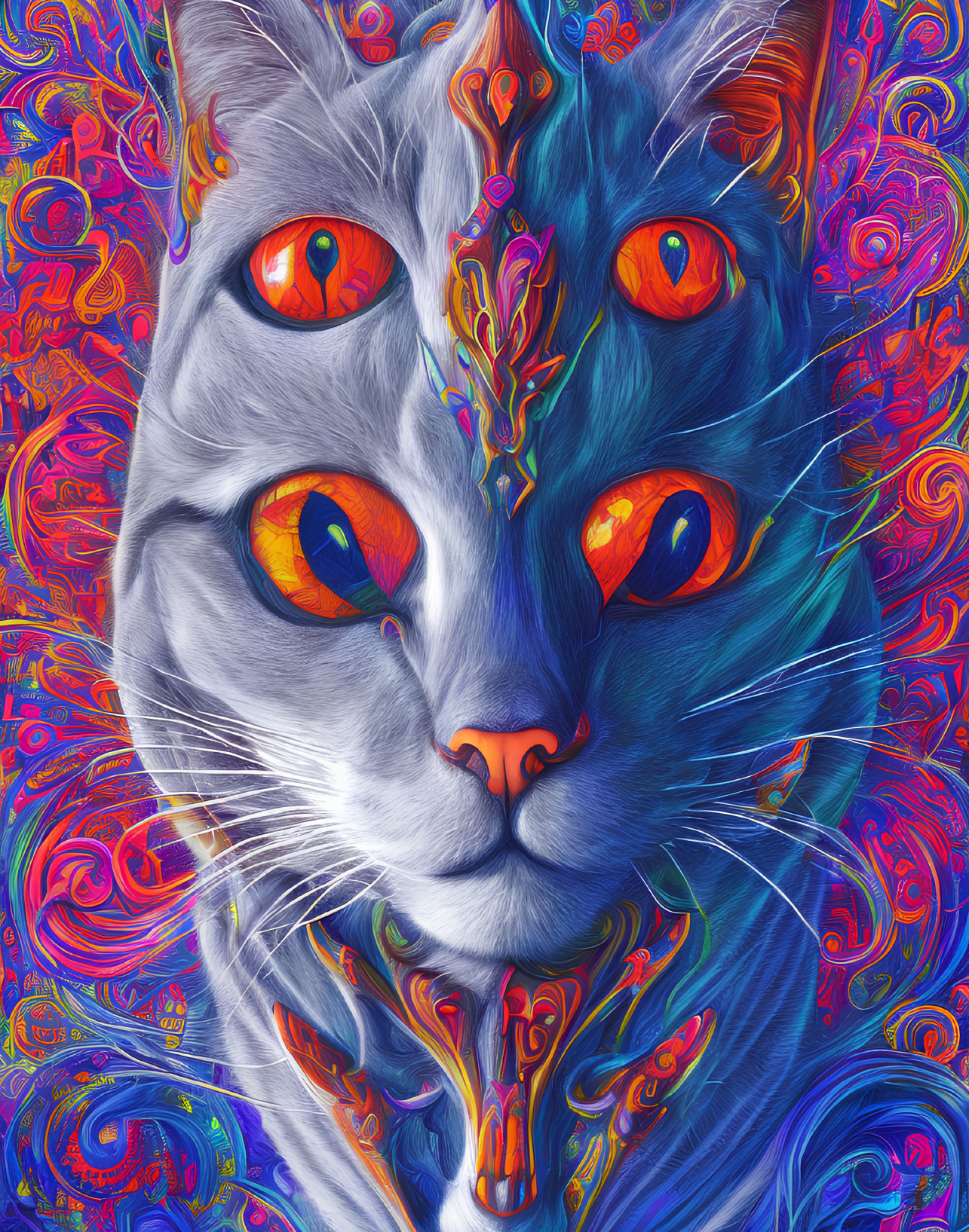 Colorful close-up digital artwork of a cat with orange eyes and psychedelic patterns.