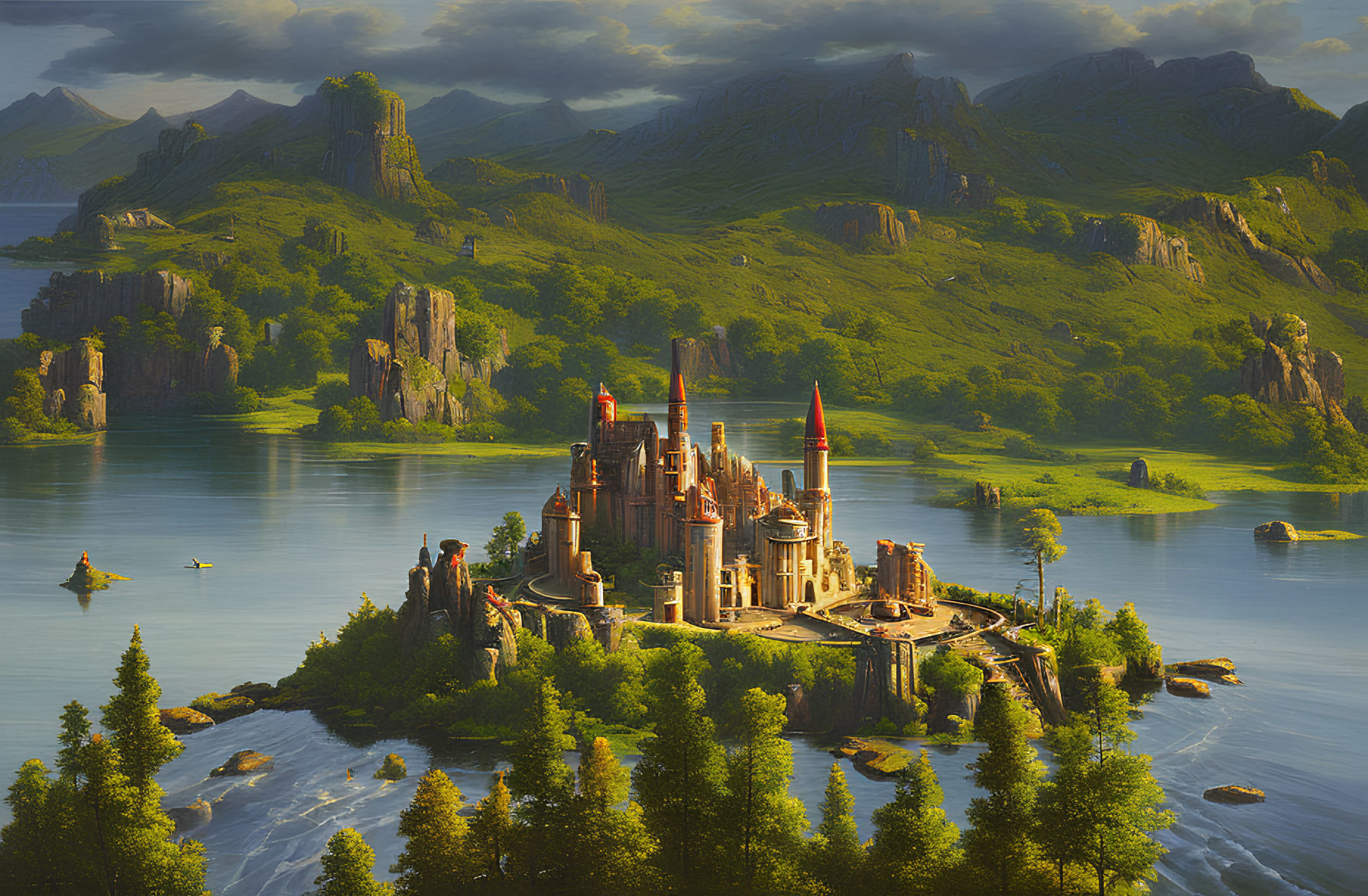 Majestic castle with spires on island in serene lake