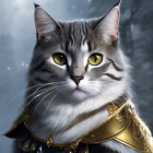 Majestic Cat with Blue Eyes in Regal Cloak on Cosmic Background