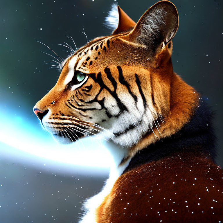 Digital artwork: Tiger and domestic cat fusion under starry night sky