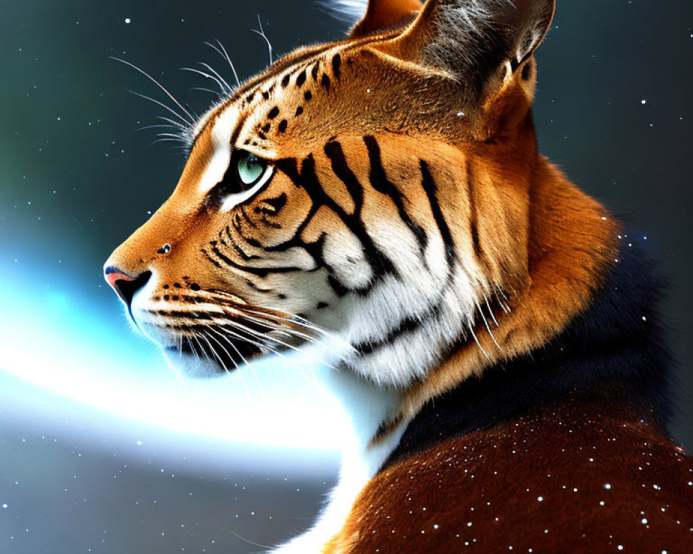 Digital artwork: Tiger and domestic cat fusion under starry night sky