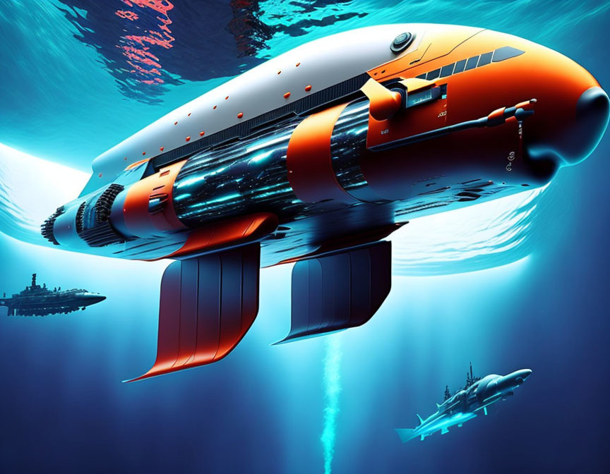 Futuristic submarine with large propulsion engines and fins in deep ocean scene