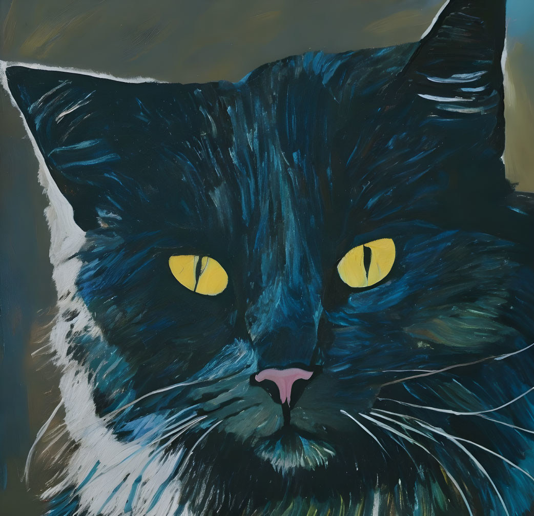 Detailed Painting of Black Cat with Yellow Eyes on Blue-Grey Background