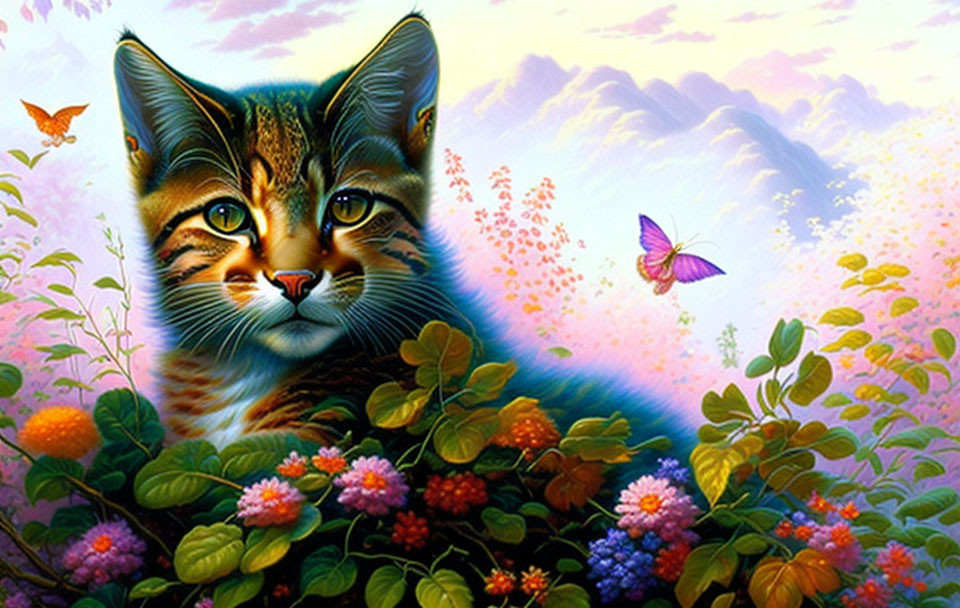 Detailed Cat's Face Surrounded by Colorful Flowers and Butterflies