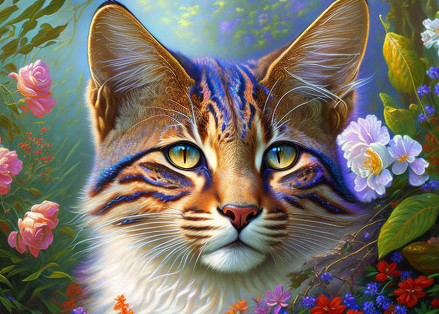 Colorful cat with yellow eyes among vibrant flowers in fantasy setting