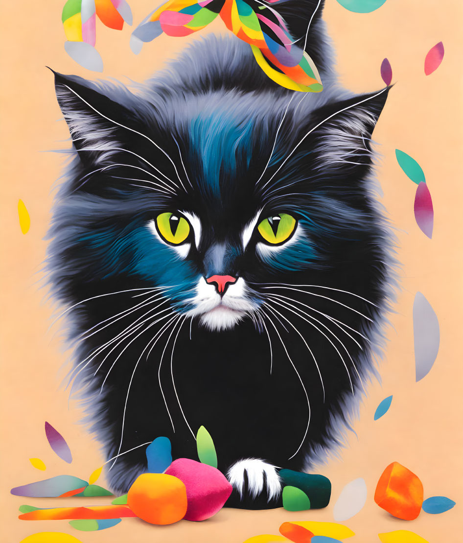 Colorful Artistic Representation of Black Cat with Green Eyes and Leaves on Peach Background