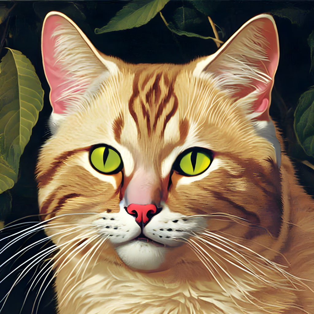 Illustrated orange tabby cat with yellow eyes in green foliage.