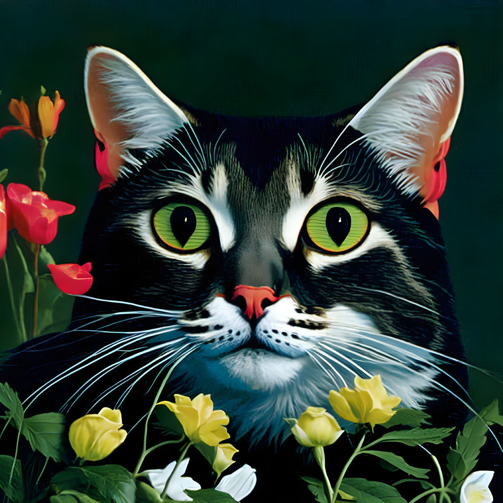 Colorful tulips and foliage frame black and white cat with green eyes