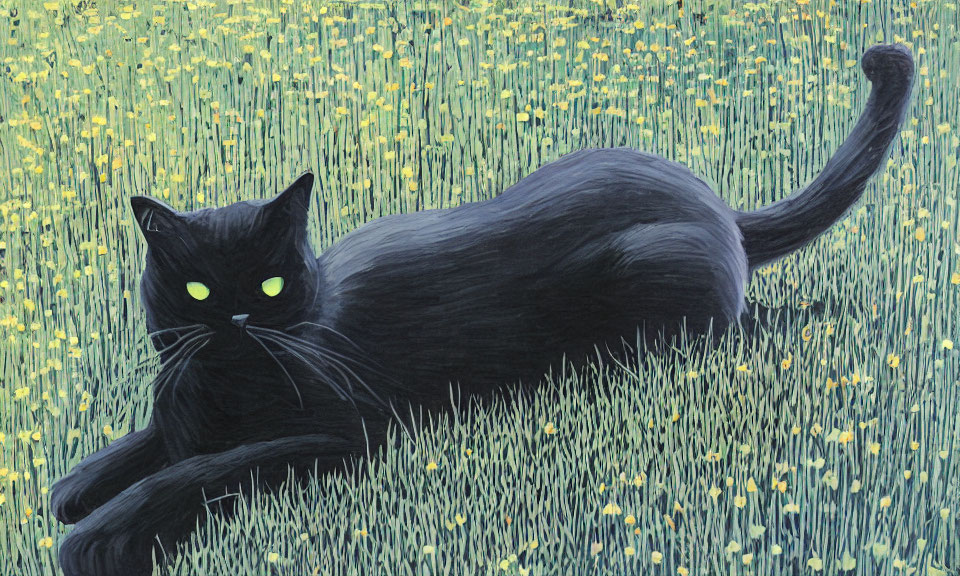 Black Cat with Bright Green Eyes in Field of Green Grass and Yellow Flowers