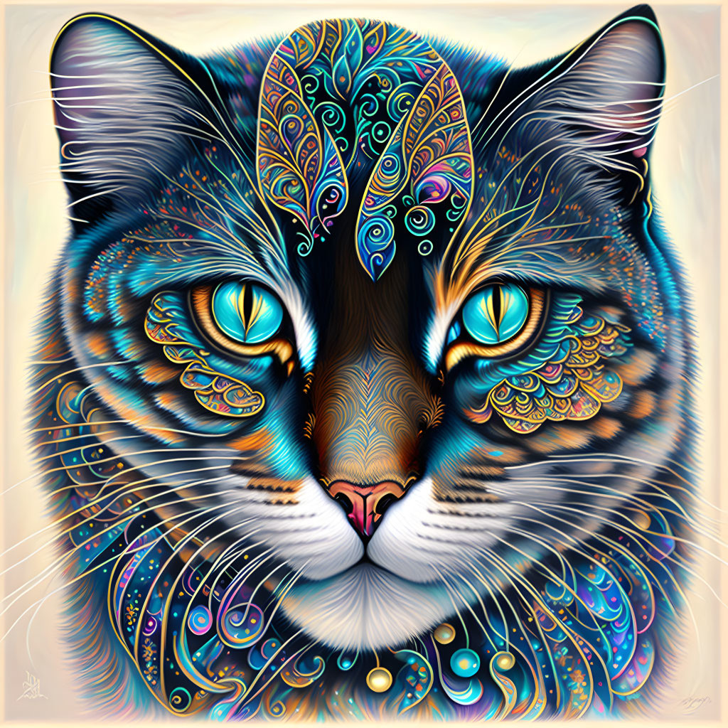 Colorful Cat Artwork with Intricate Patterns and Swirls