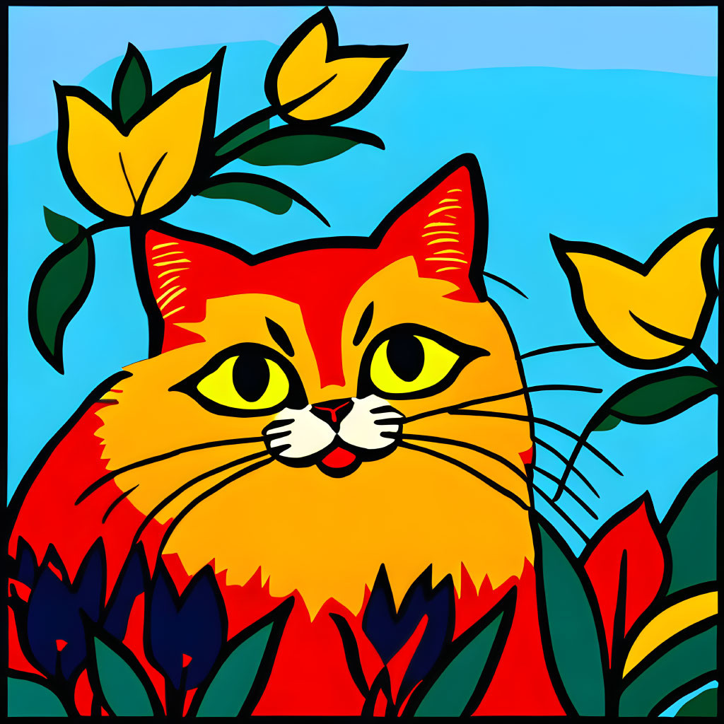 Red cat with whiskers in yellow and green plant setting on blue background