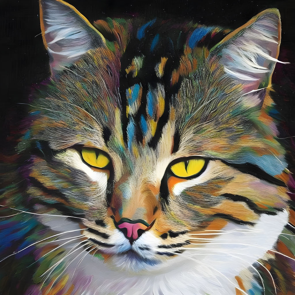 Colorful cat painting with yellow eyes and multicolored fur on dark background