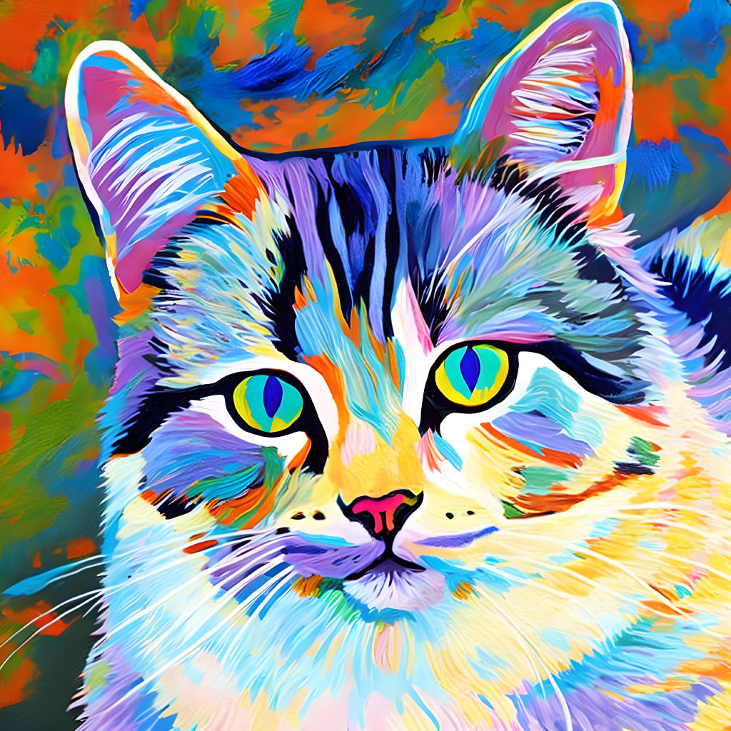 Colorful stylized cat portrait with yellow-green eyes on abstract background