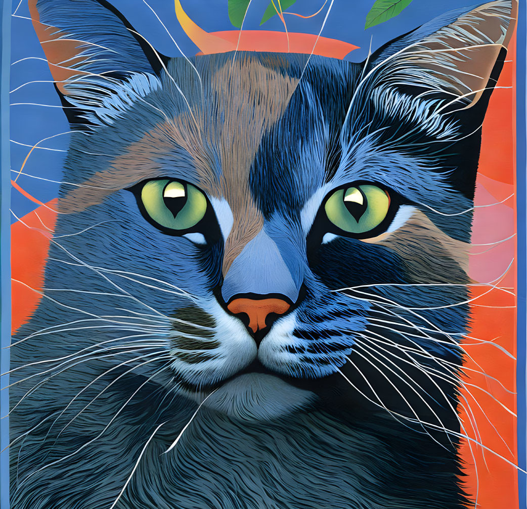 Detailed close-up of blue and orange striped cat with green eyes and pink nose on blue backdrop