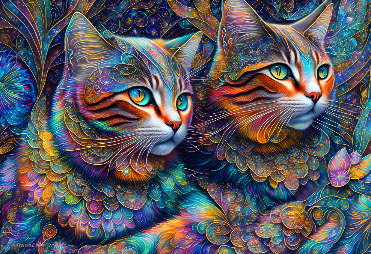 Colorful digital artwork: Two stylized cats with intricate patterns and expressive eyes on a psychedelic backdrop