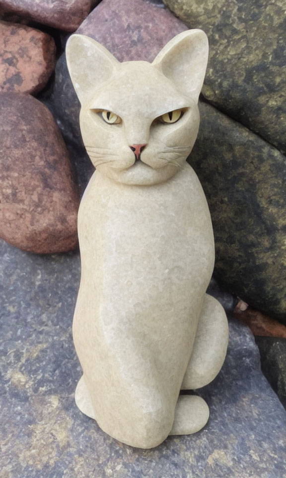 Realistic stone cat sculpture with observational eyes among rocks