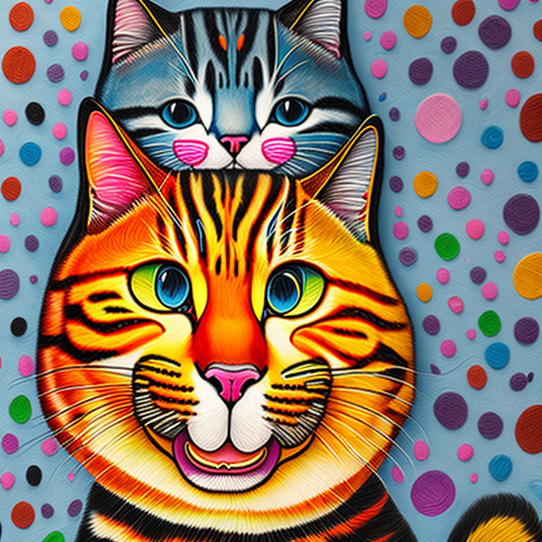 Colorful digital artwork of two stylized cats on polka-dotted blue background