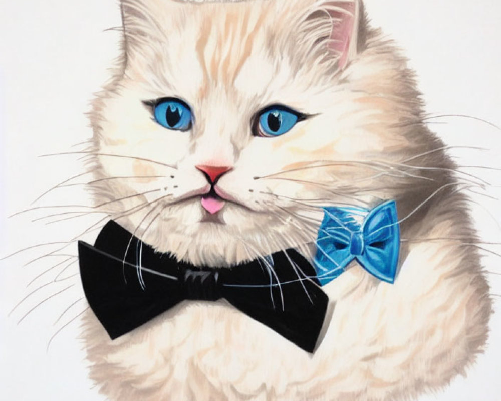 White Cat with Blue Eyes in Black and Light Blue Bow Tie