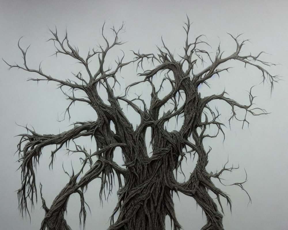 Detailed drawing of intricate leafless tree on blank background