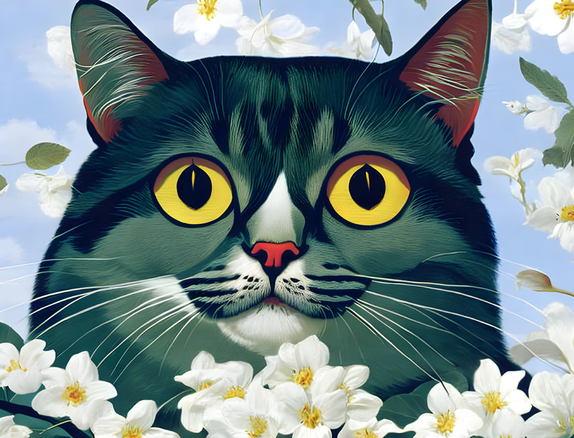 Oversized cat's face illustration with yellow eyes in floral setting