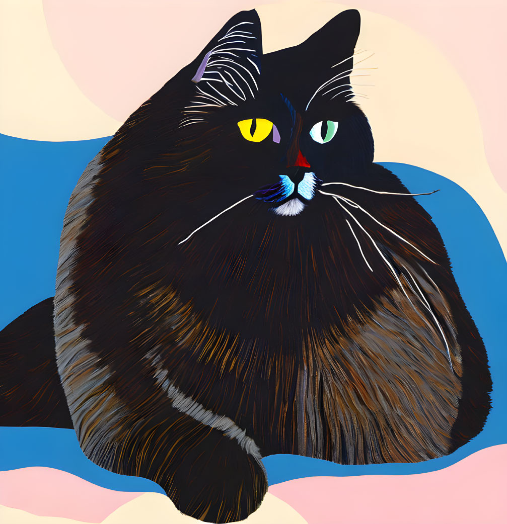 Fluffy Black Cat Illustration with Yellow and Green Eyes on Pastel Background