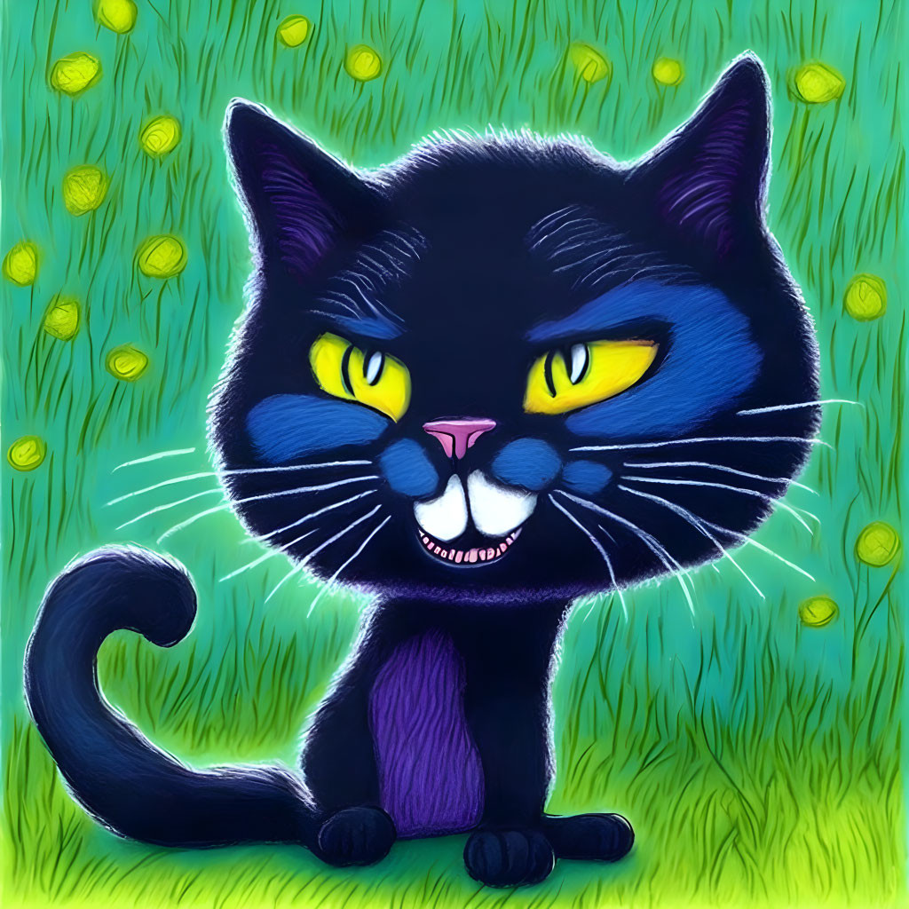 Smiling black cat cartoon with yellow eyes in grassy field surrounded by coins