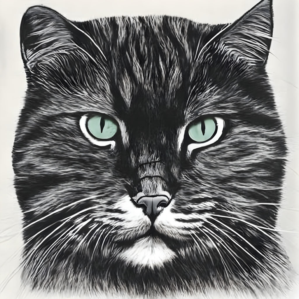 Detailed Sketch: Cat's Face with Striking Green Eyes & Black/White Fur