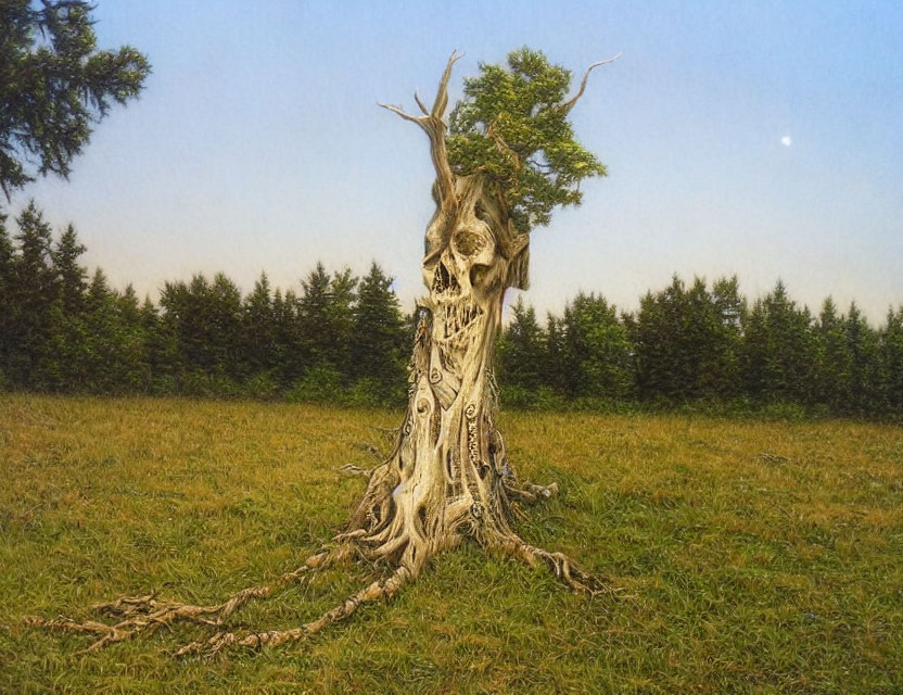 Skull-shaped carvings on artistic tree in twilight landscape