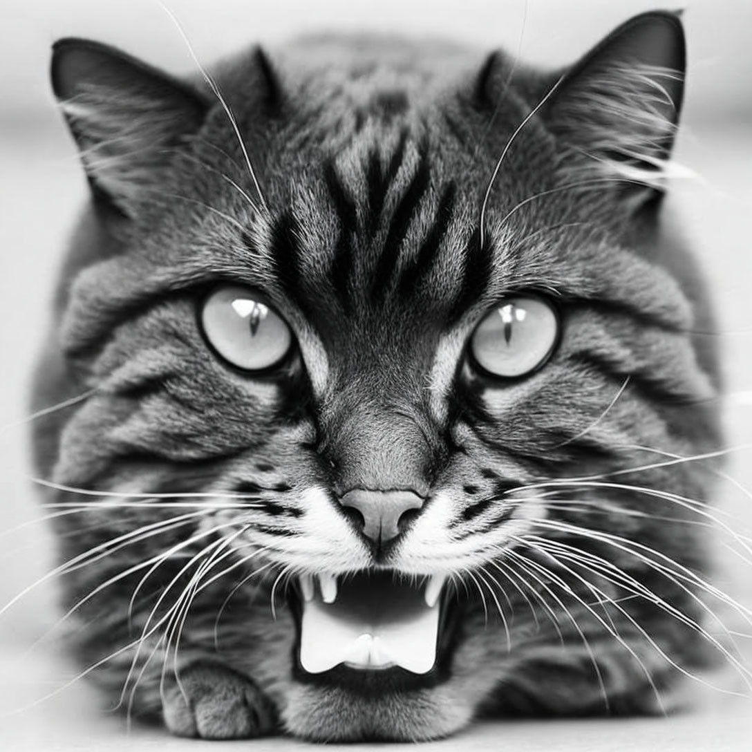 Close-up Striped Cat with Striking Eyes and Open Mouth in Black and White