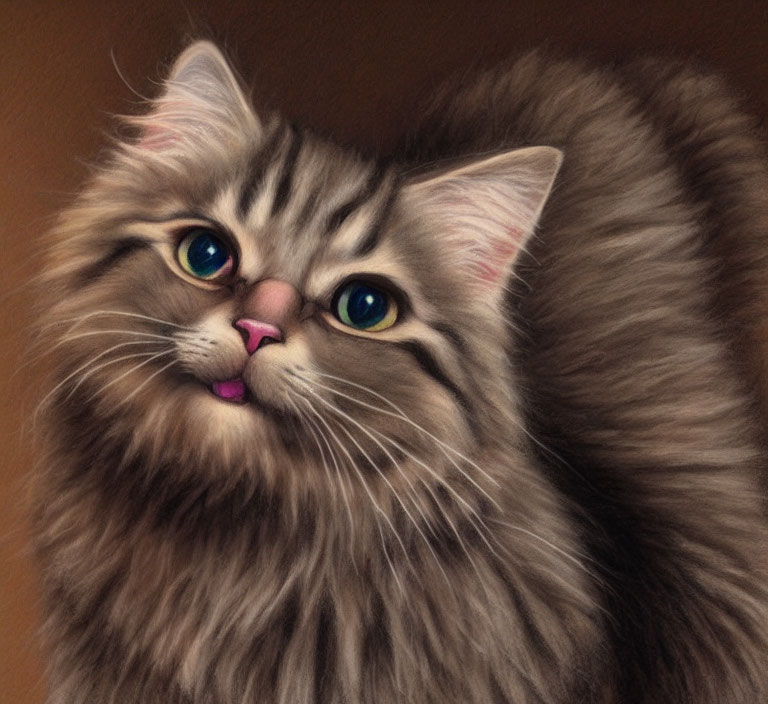 Fluffy Tabby Cat with Blue Eyes and Pink Nose on Brown Background