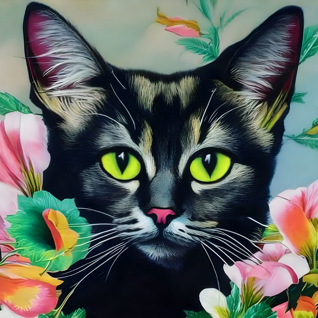 Vivid digital art: Cat with green eyes and colorful flowers