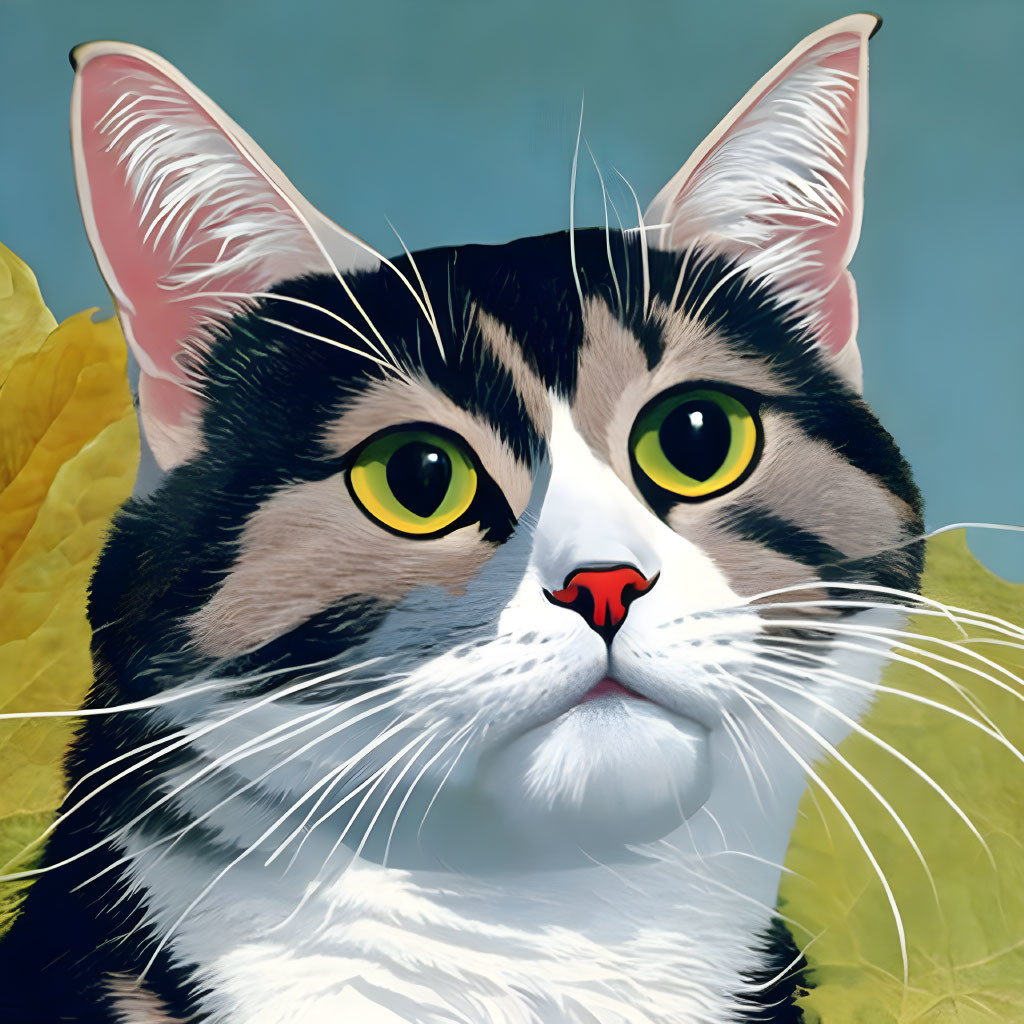 Stylized cat with yellow eyes, white & grey fur, black stripes, autumn leaves background