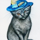 Colorful Cat Illustration in Ornate Blue Hat and Cloak