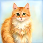 Illustrated orange tabby cat with green eyes in a blue sky landscape