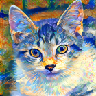 Colorful stylized cat portrait with yellow-green eyes on abstract background