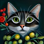 Colorful tulips and foliage frame black and white cat with green eyes