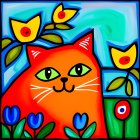 Red cat with whiskers in yellow and green plant setting on blue background